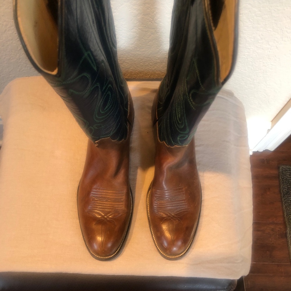 Cowboy boots with neon green piping